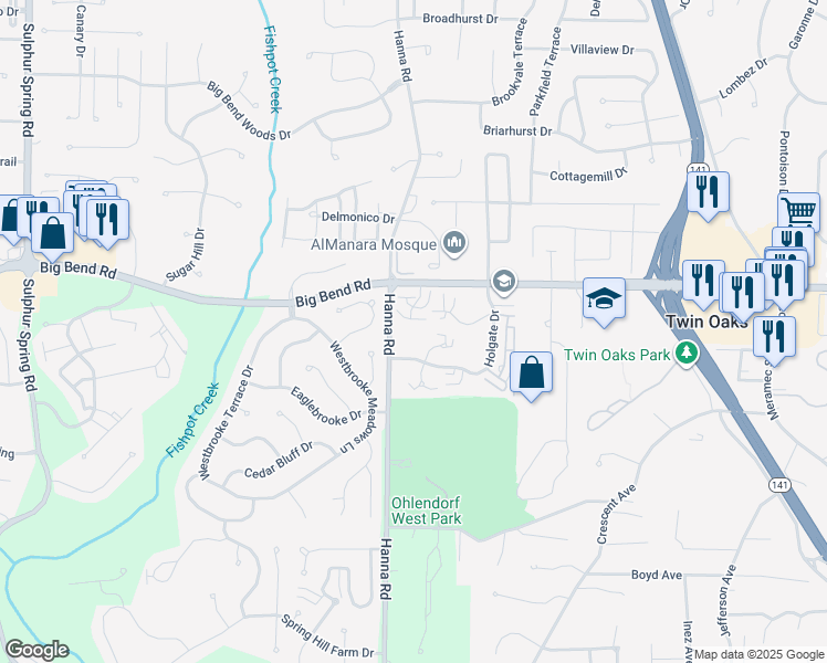 map of restaurants, bars, coffee shops, grocery stores, and more near 1030 Hanna Road in Ballwin