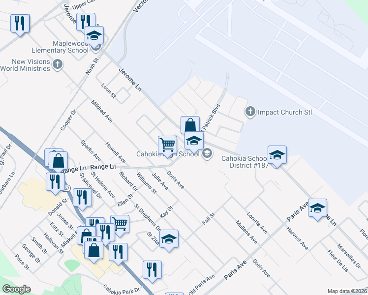 map of restaurants, bars, coffee shops, grocery stores, and more near 913 Joliet Drive in Cahokia