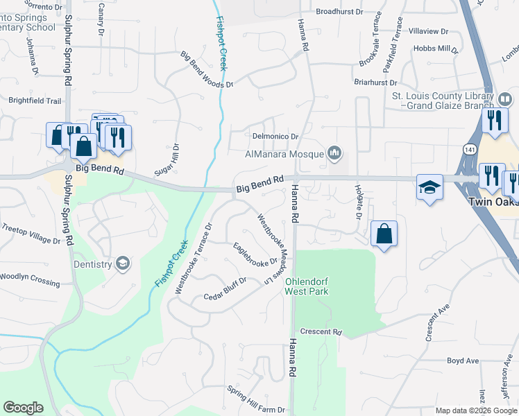 map of restaurants, bars, coffee shops, grocery stores, and more near 1330 Westbrooke Meadows Ln in Ballwin