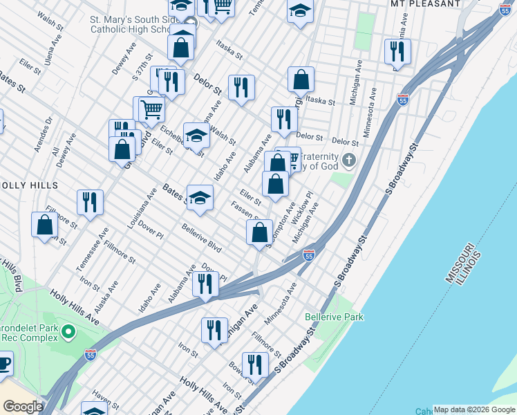 map of restaurants, bars, coffee shops, grocery stores, and more near 507 Eiler Street in St. Louis