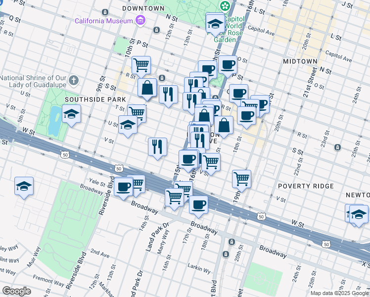 map of restaurants, bars, coffee shops, grocery stores, and more near 15th St & U St in Sacramento