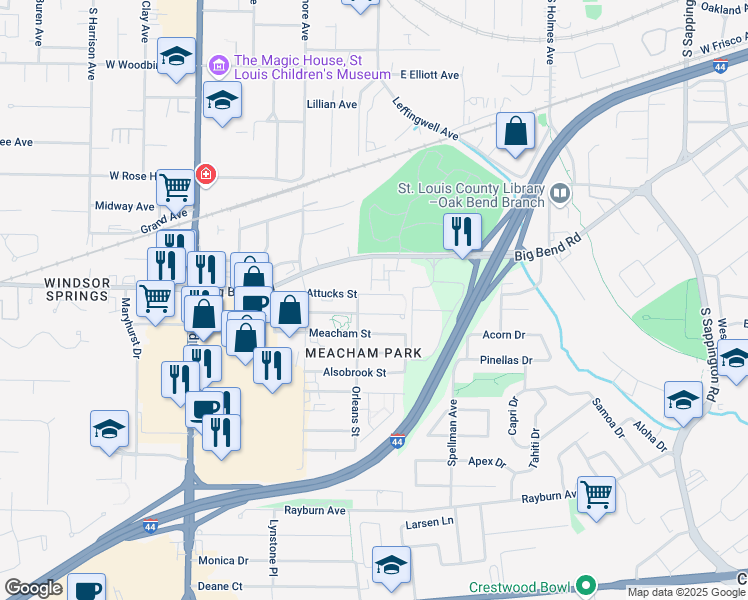 map of restaurants, bars, coffee shops, grocery stores, and more near 410 Attucks Street in Kirkwood