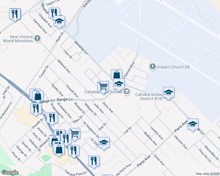map of restaurants, bars, coffee shops, grocery stores, and more near 913 Joliet Drive in Cahokia