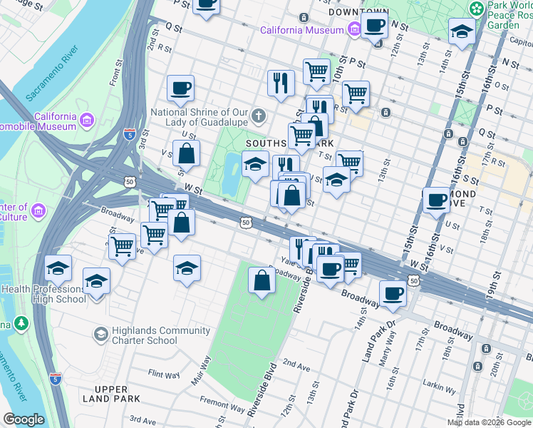 map of restaurants, bars, coffee shops, grocery stores, and more near W Street & 9th Street in Sacramento