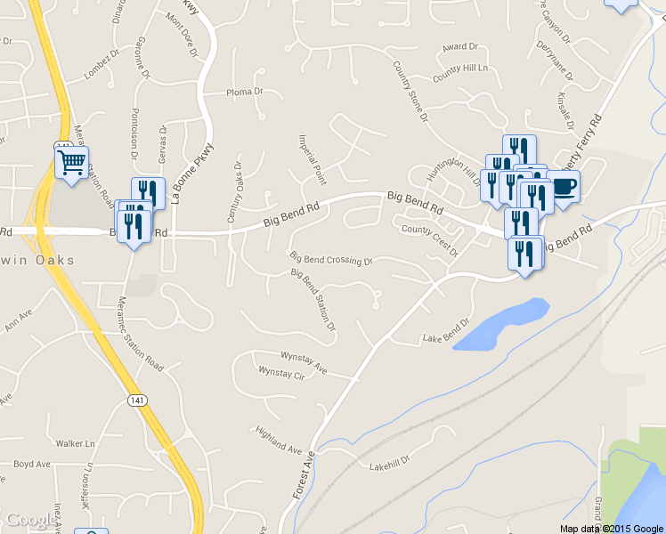 map of restaurants, bars, coffee shops, grocery stores, and more near 1185 Big Bend Crossing Drive in Valley Park