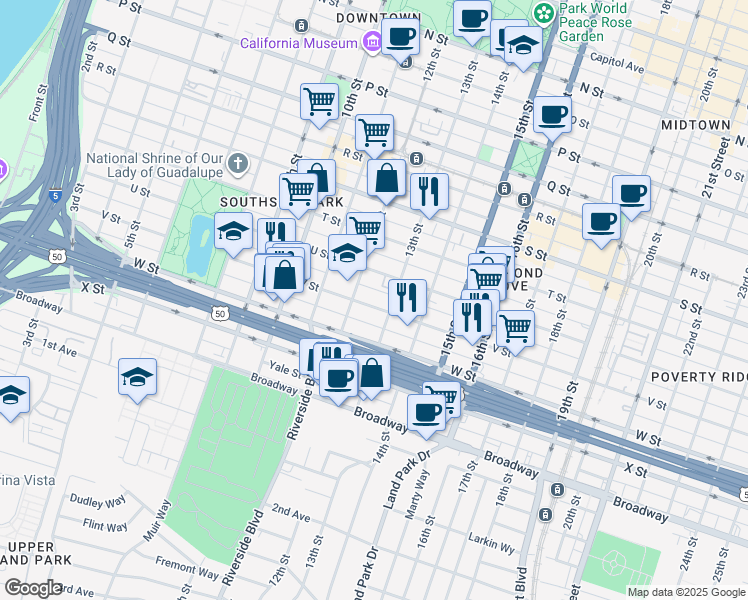 map of restaurants, bars, coffee shops, grocery stores, and more near 1221 V Street in Sacramento