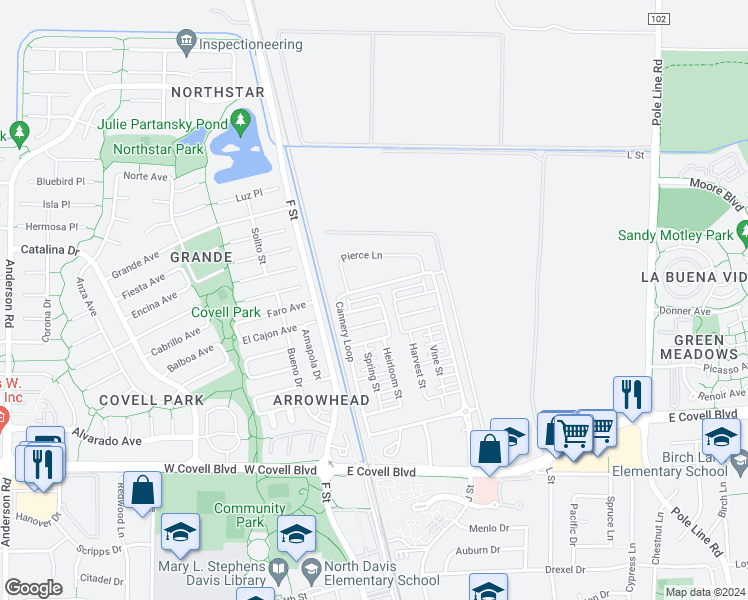 map of restaurants, bars, coffee shops, grocery stores, and more near 953 Woodbury Lane in Davis
