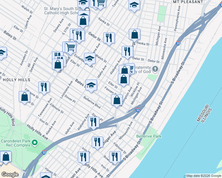 map of restaurants, bars, coffee shops, grocery stores, and more near 607 Fassen Street in St. Louis