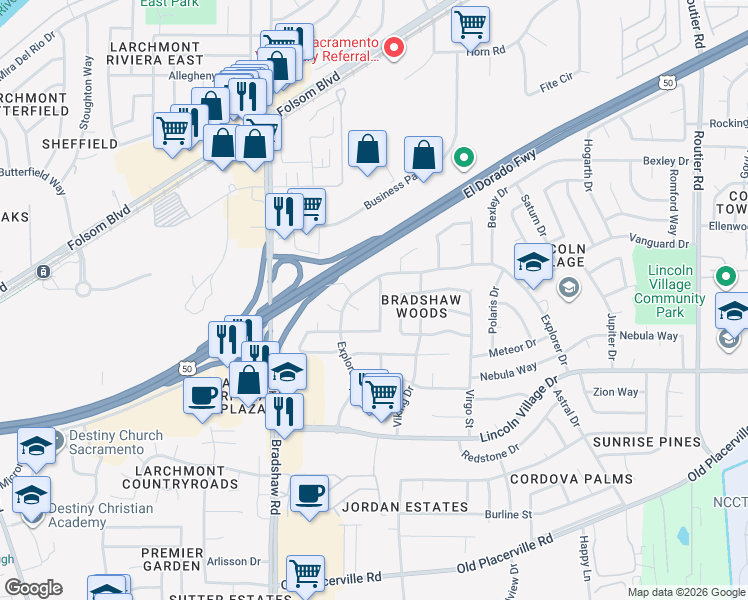 map of restaurants, bars, coffee shops, grocery stores, and more near 3318 Union Springs Way in Sacramento