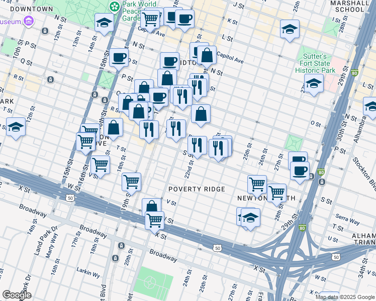 map of restaurants, bars, coffee shops, grocery stores, and more near 2117 S Street in Sacramento