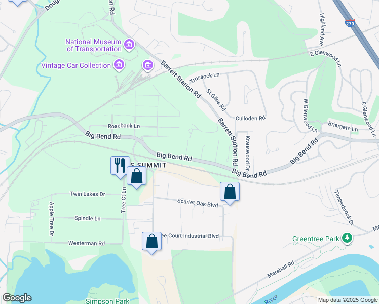 map of restaurants, bars, coffee shops, grocery stores, and more near 962 Chapelwood Court in St. Louis