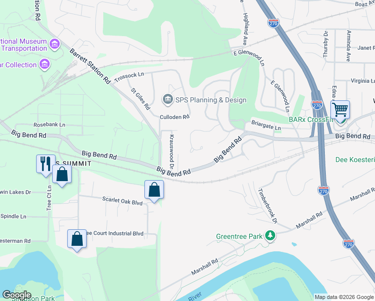 map of restaurants, bars, coffee shops, grocery stores, and more near 2361 Maybrook Ln in Kirkwood