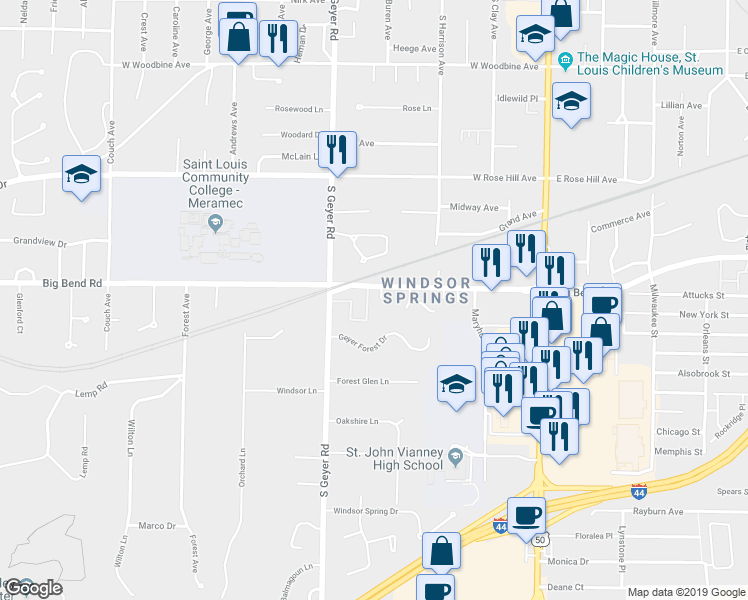 map of restaurants, bars, coffee shops, grocery stores, and more near 1007 Maeville Drive in Kirkwood