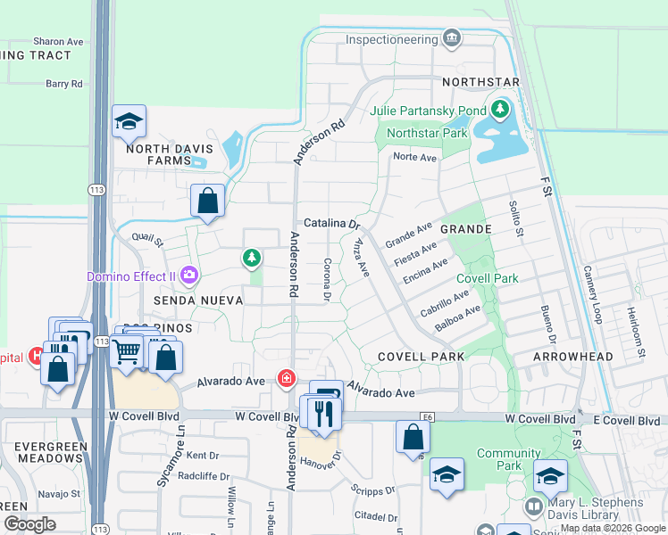 map of restaurants, bars, coffee shops, grocery stores, and more near 2716 Corona Drive in Davis