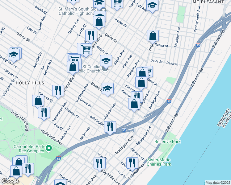 map of restaurants, bars, coffee shops, grocery stores, and more near 5459 Alabama Avenue in St. Louis