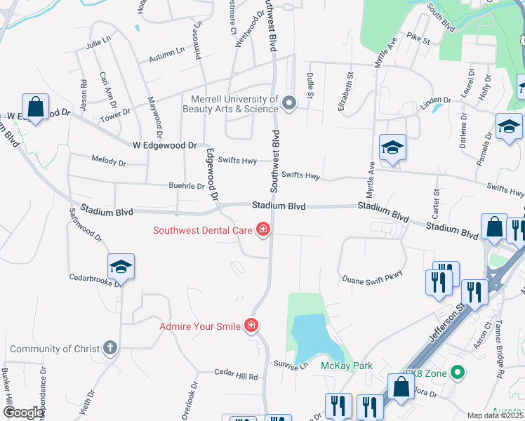 map of restaurants, bars, coffee shops, grocery stores, and more near 1803 Stadium Boulevard in Jefferson City