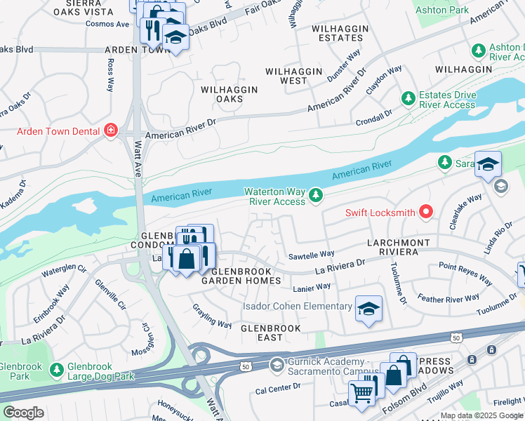 map of restaurants, bars, coffee shops, grocery stores, and more near 8749 Woodman Way in Sacramento