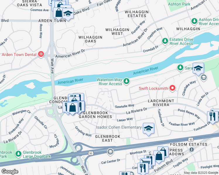 map of restaurants, bars, coffee shops, grocery stores, and more near 8805 Woodman Way in Sacramento