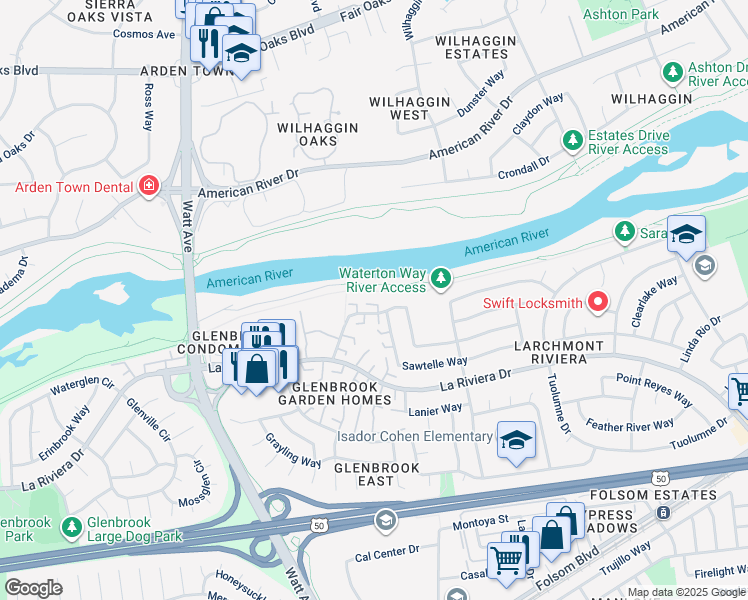 map of restaurants, bars, coffee shops, grocery stores, and more near 8749 Woodman Way in Sacramento