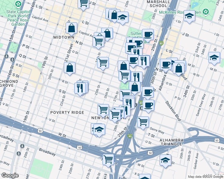 map of restaurants, bars, coffee shops, grocery stores, and more near 2616 Q Street in Sacramento
