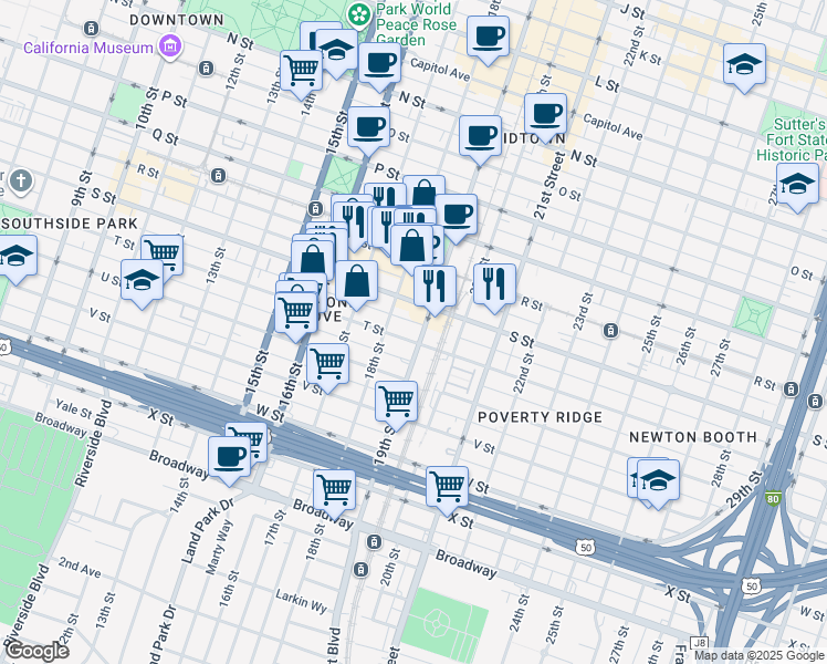 map of restaurants, bars, coffee shops, grocery stores, and more near 1817 T Street in Sacramento