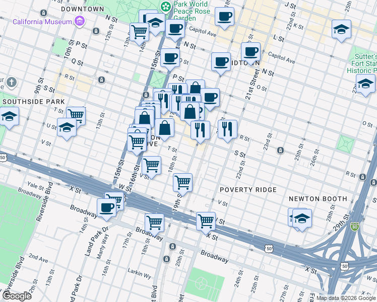 map of restaurants, bars, coffee shops, grocery stores, and more near 1817 T Street in Sacramento