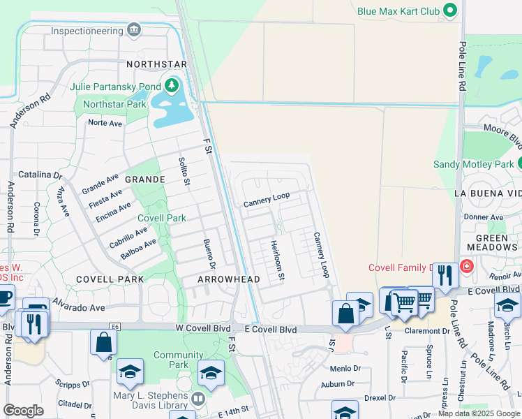 map of restaurants, bars, coffee shops, grocery stores, and more near 931 Perennial Terrace in Davis