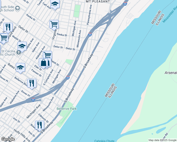 map of restaurants, bars, coffee shops, grocery stores, and more near 5000 South Broadway in St. Louis