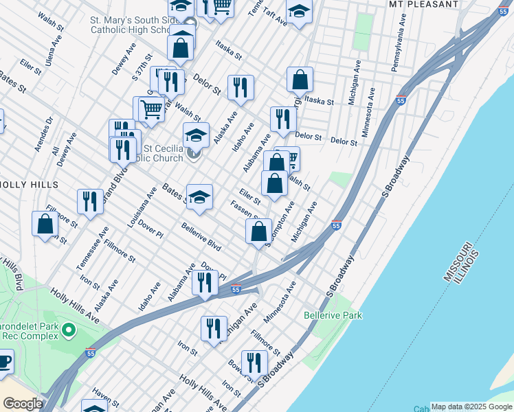 map of restaurants, bars, coffee shops, grocery stores, and more near 507 Eiler Street in St. Louis