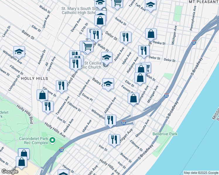 map of restaurants, bars, coffee shops, grocery stores, and more near 807 Bates Street in St. Louis