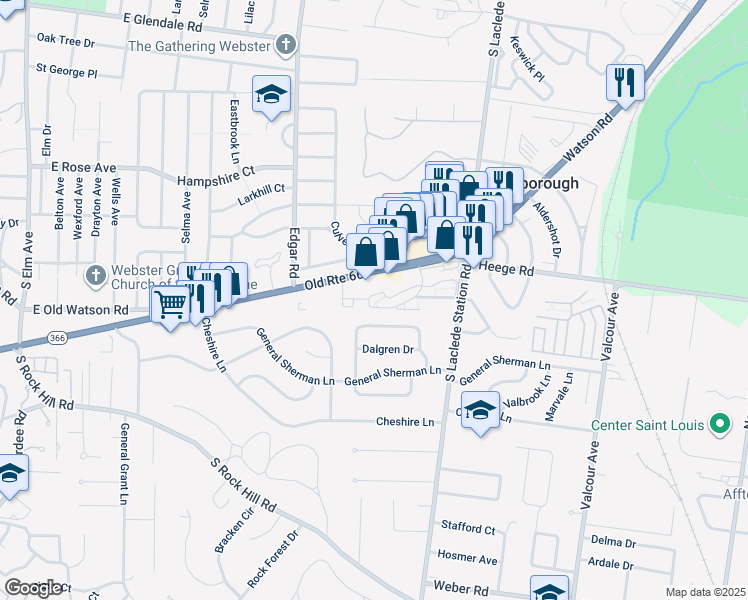 map of restaurants, bars, coffee shops, grocery stores, and more near 7478 Hardscrapple Drive in St. Louis