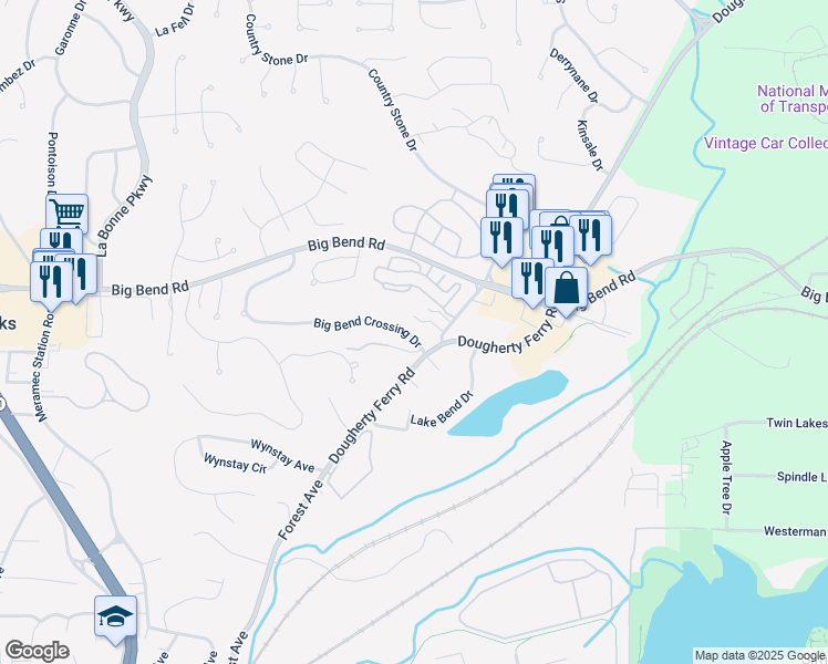 map of restaurants, bars, coffee shops, grocery stores, and more near 1312 Big Bend Crossing Drive in Valley Park