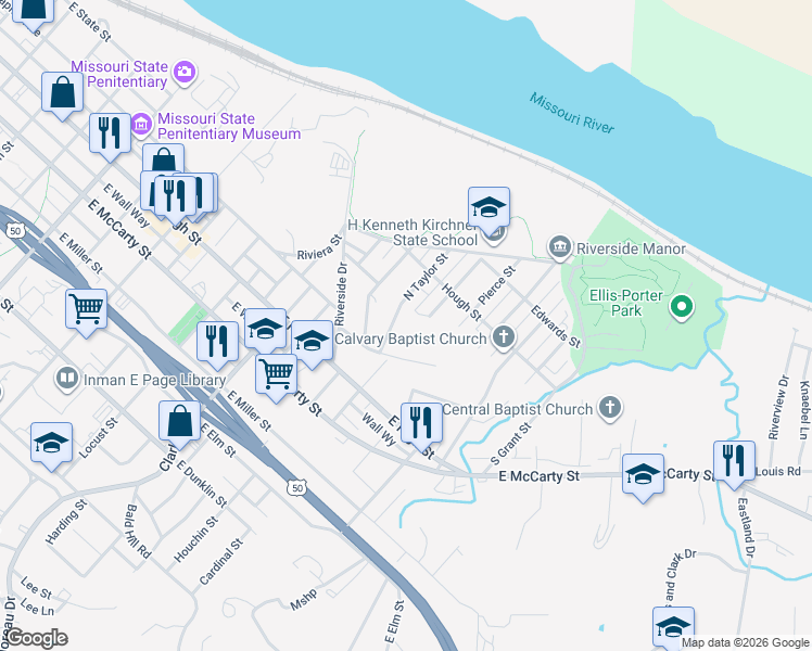 map of restaurants, bars, coffee shops, grocery stores, and more near 103 McKinley Street in Jefferson City