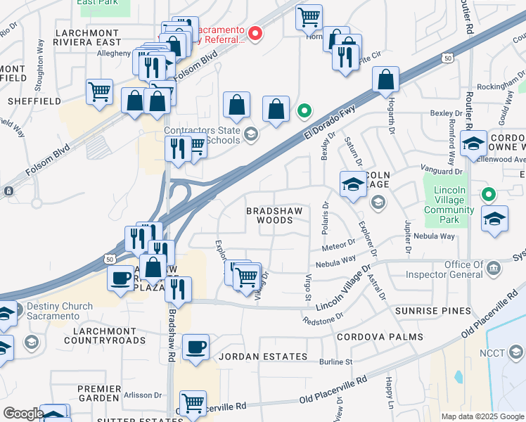 map of restaurants, bars, coffee shops, grocery stores, and more near 9729 Red Cedar Circle in Sacramento