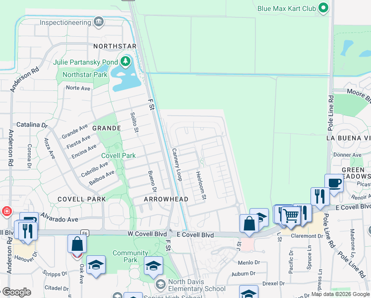 map of restaurants, bars, coffee shops, grocery stores, and more near 931 Perennial Terrace in Davis