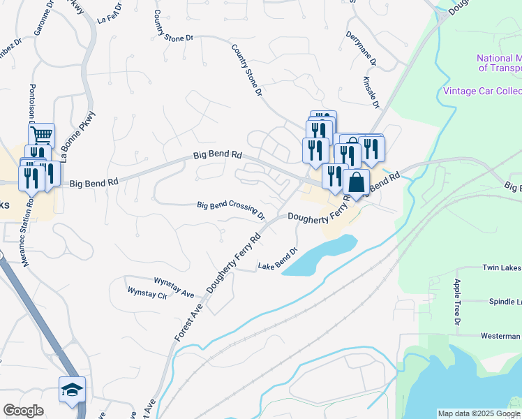 map of restaurants, bars, coffee shops, grocery stores, and more near 1312 Big Bend Crossing Drive in Valley Park