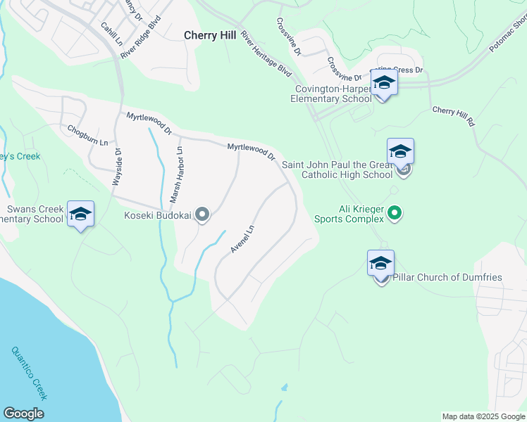map of restaurants, bars, coffee shops, grocery stores, and more near 17681 Avenel Lane in Dumfries
