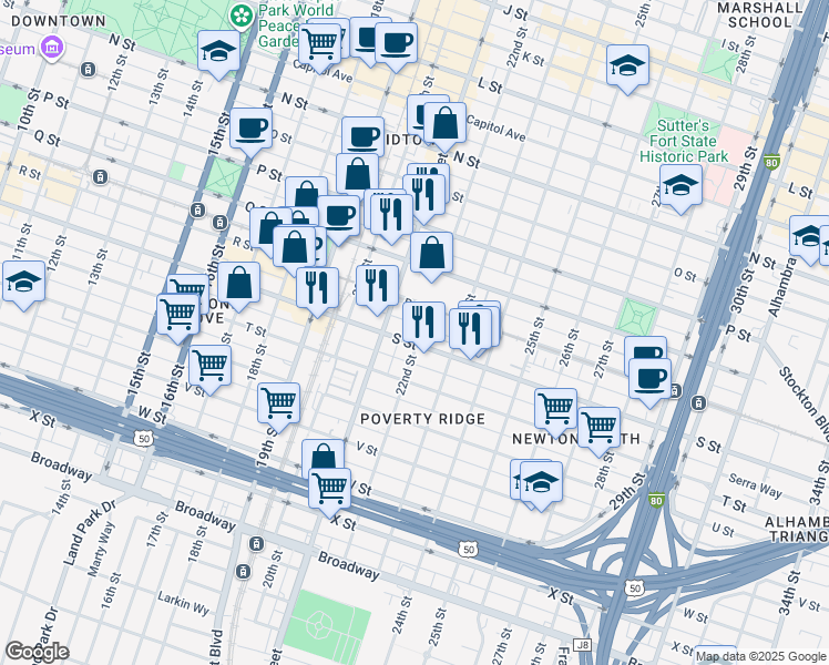 map of restaurants, bars, coffee shops, grocery stores, and more near 2117 S Street in Sacramento