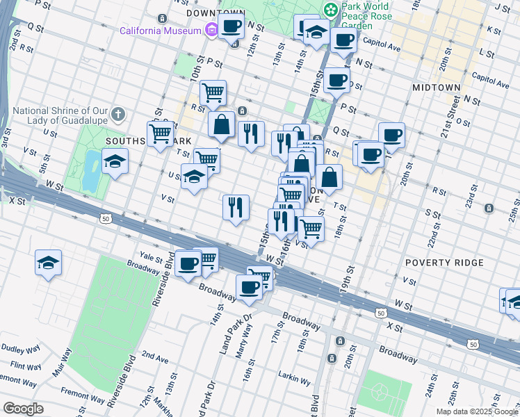 map of restaurants, bars, coffee shops, grocery stores, and more near 1410 U Street in Sacramento