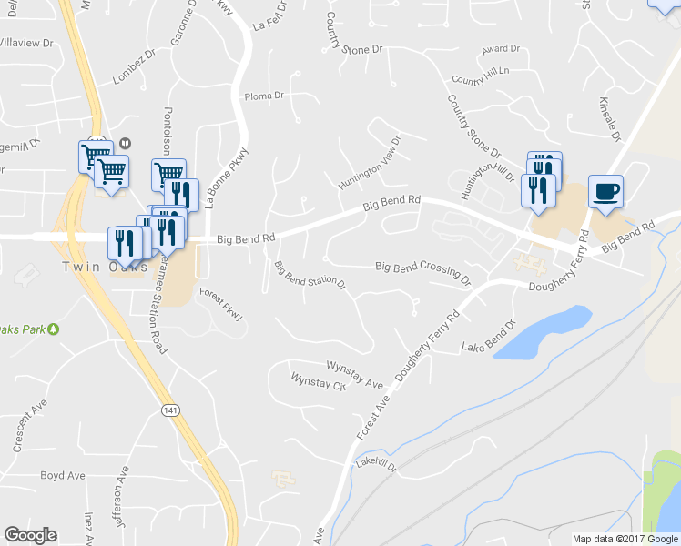 map of restaurants, bars, coffee shops, grocery stores, and more near 1143 Big Bend Crossing Drive in Valley Park