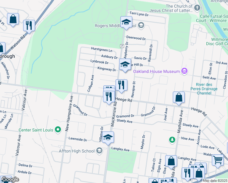 map of restaurants, bars, coffee shops, grocery stores, and more near 6300 Ashwell Drive in St. Louis