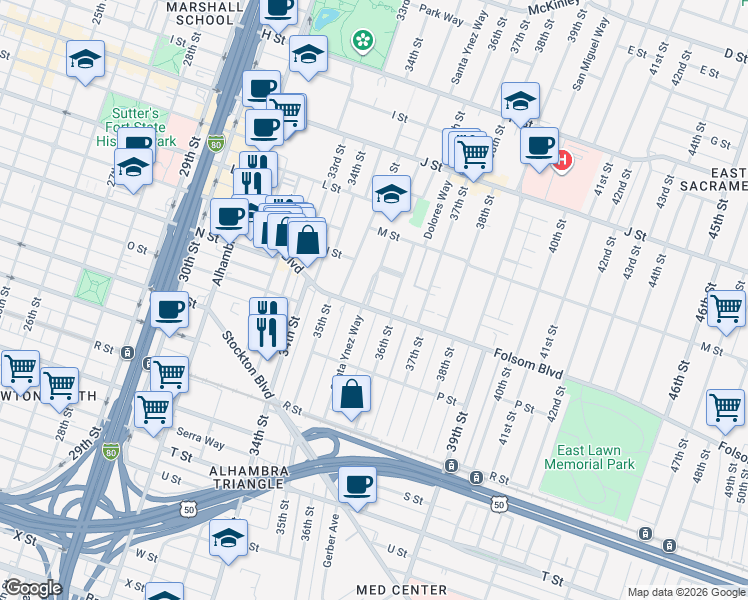 map of restaurants, bars, coffee shops, grocery stores, and more near 3541 Folsom Boulevard in Sacramento