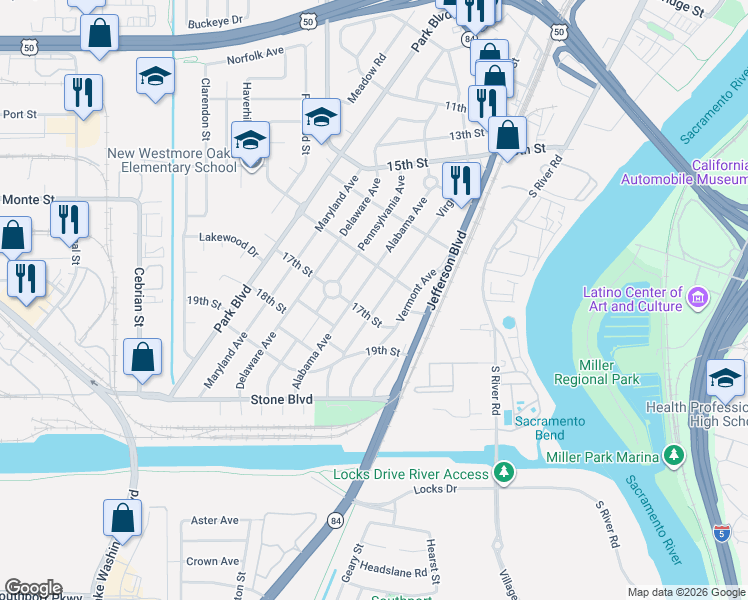map of restaurants, bars, coffee shops, grocery stores, and more near 1620 Virginia Avenue in West Sacramento