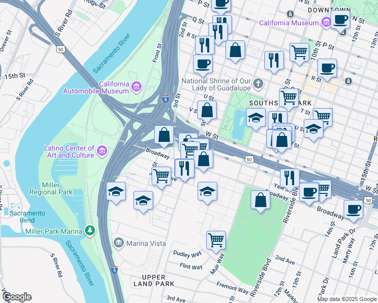 map of restaurants, bars, coffee shops, grocery stores, and more near 2400 5th Street in Sacramento