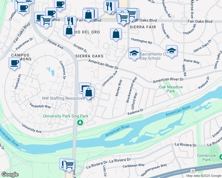 map of restaurants, bars, coffee shops, grocery stores, and more near 43 Adler Circle in Sacramento
