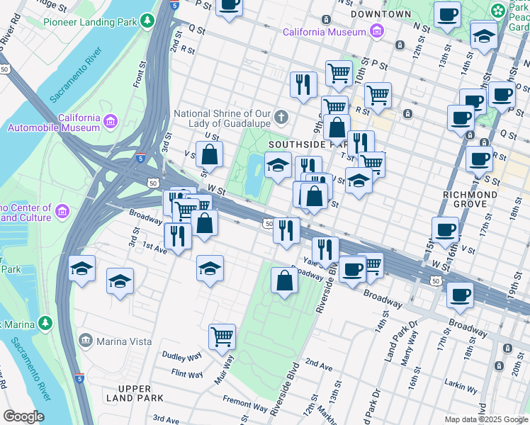 map of restaurants, bars, coffee shops, grocery stores, and more near 2325 8th Street in Sacramento