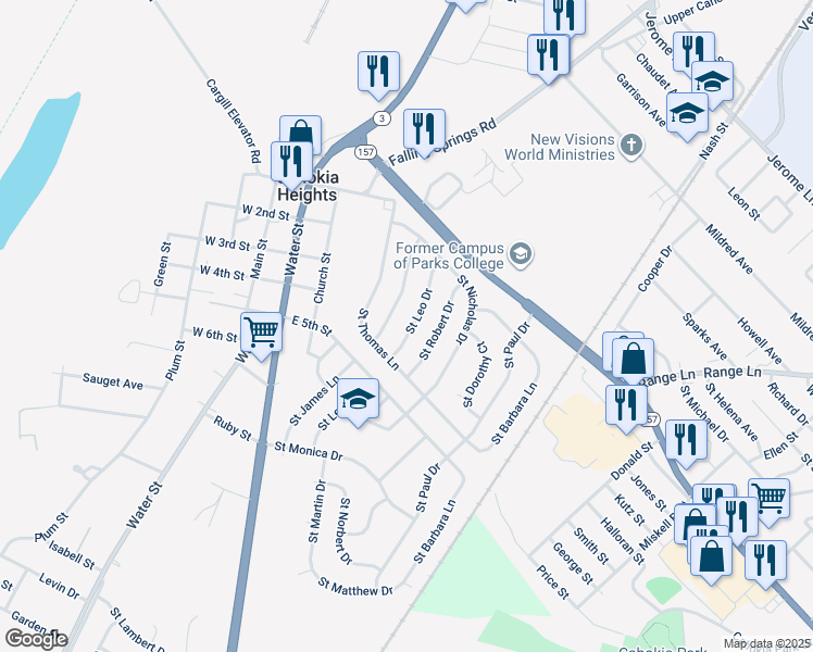 map of restaurants, bars, coffee shops, grocery stores, and more near 131 Saint Leo Drive in Cahokia
