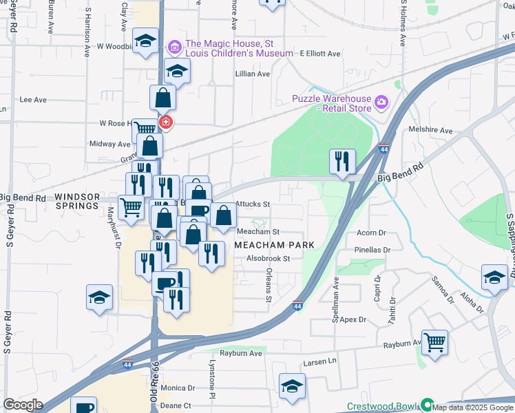 map of restaurants, bars, coffee shops, grocery stores, and more near 336 Attucks Street in Kirkwood