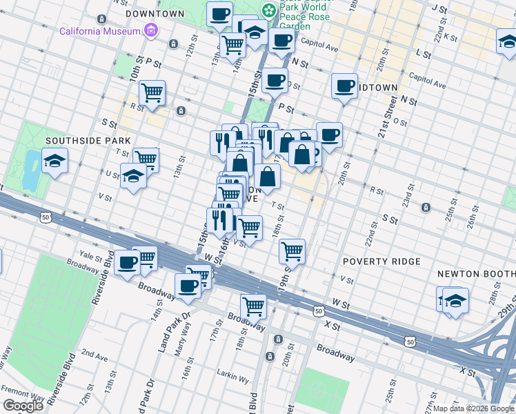 map of restaurants, bars, coffee shops, grocery stores, and more near 1630 T Street in Sacramento