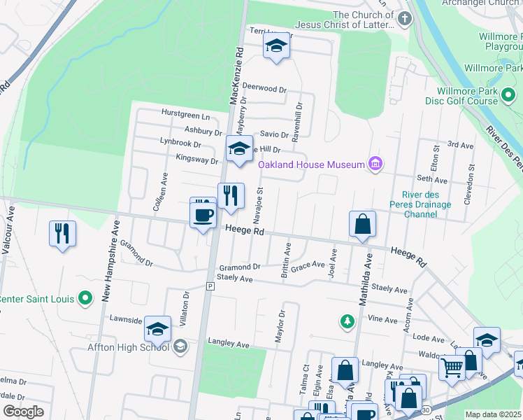 map of restaurants, bars, coffee shops, grocery stores, and more near 7918 Navajoe Street in St. Louis